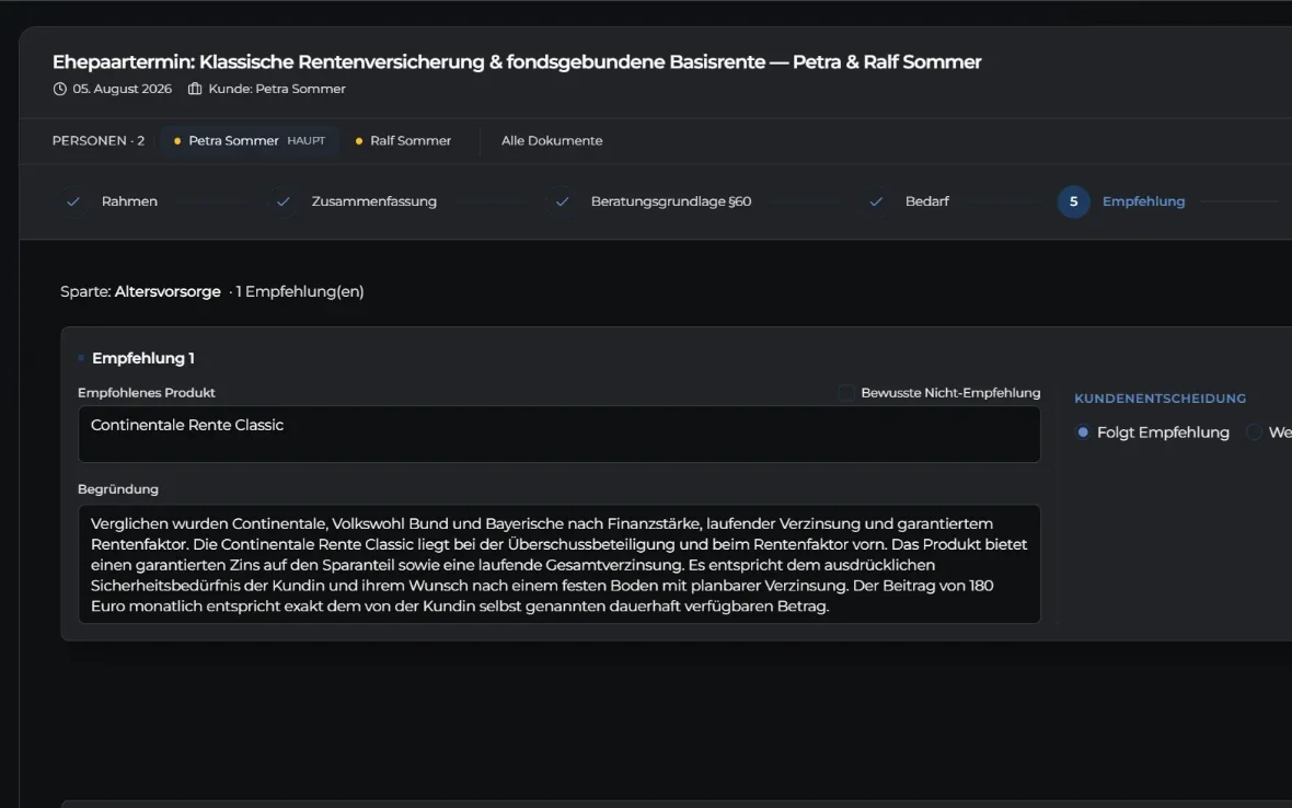 Oberfläche von MaklerDoku: Empfehlungsschritt mit Produktempfehlung, Begründung und Kundenentscheidung